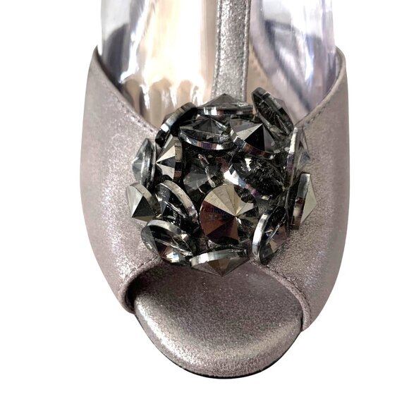 Antonio Melani Silver T-Strap Heels Gem Embellished Peep Toe 7.5 Formal Shoes - Picture 3 of 8